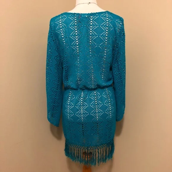 Sessa Turquoise Crochet Swimsuit Coverup w/Tassels,Size-Large - Picture 3 of 6